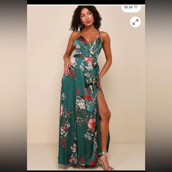 Lulus Still the One Emerald Green Floral Print Satin Maxi Dress size Small - Picture 7 of 12